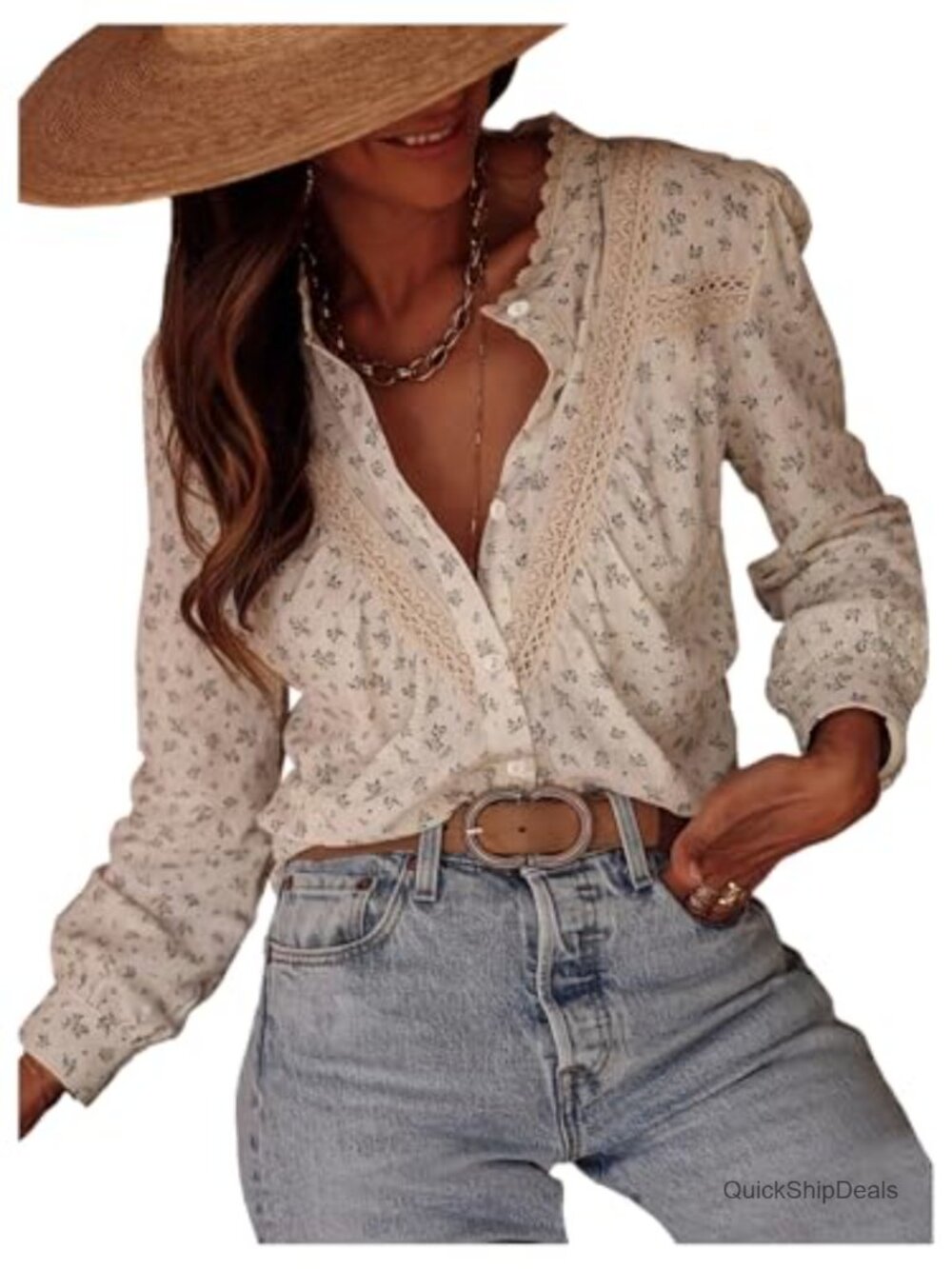 SHENHE Women's Boho Floral Peasant Blouse Long Sleeve Button Down Shirt Top